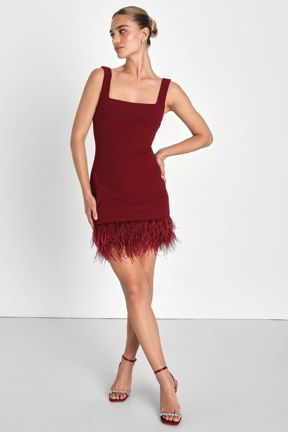burgundy mini dress with feathers