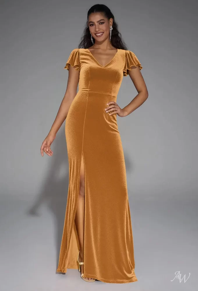 gold velvet bridesmaid dresses Aleena Graceful High Neck Pleated Floor Length Velvet Bridesmaid Dresses, Gold main image 0