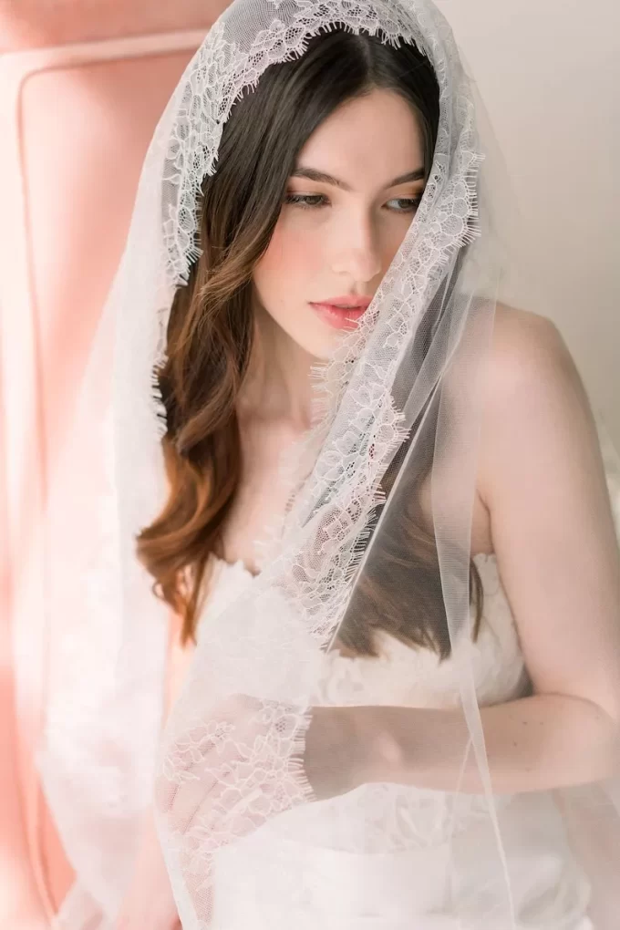 chinese dress ladies Wedding Veil - Romantic Floral Lace Mantilla - Emilia at Kezani Ivory | Small Train Length - 200cm main image 1