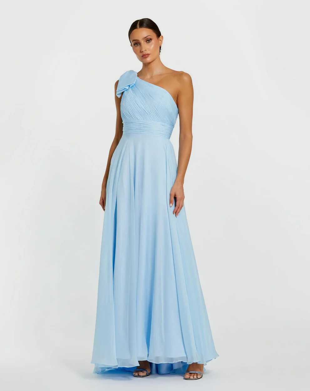 blue pleated bridesmaid dress Long Tiered Prom Ball Gown with Lace-Up Back– PromGirl main image 0