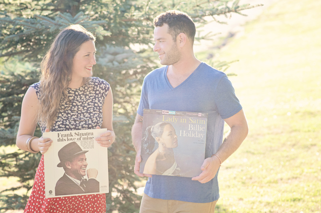 hipster engagement session with Frank Sinatra and Billy Holiday record album | Photo: White Ivory Photography | via https://emmalinebride.com/real-weddings/hipster-engagement-session-what-does-one-look-like/