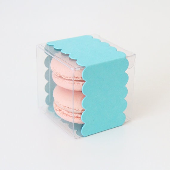 macaron favor box in teal wrapping | via http://emmalinebride.com/favors/giving-macaron-favors/
