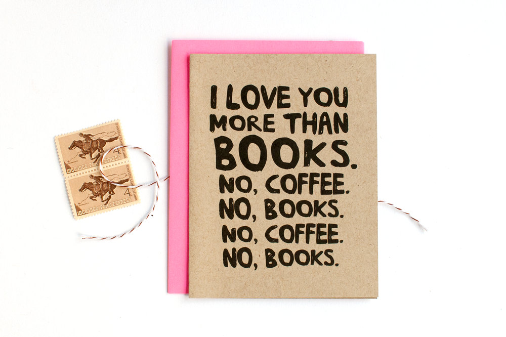 books and coffee - via funny valentine cards etsy from EmmalineBride.com