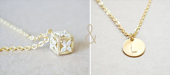 bridesmaid gifts under 50 - gold cube necklace and gold initial necklace