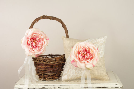 burlap ring pillow and rustic flower girl basket set with pink flower