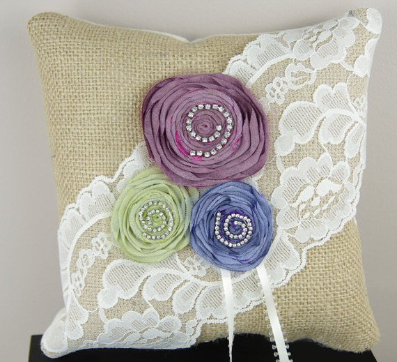 burlap ring pillow with rosettes in purple