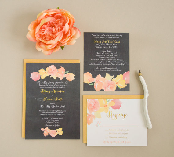 chalkboard wedding invitation with floral design via 8 Whimsical Wedding Invitations