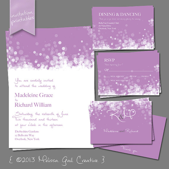 DIY Printable Wedding Invitations (by Melissa Gail Creative) - champagne bubbles in purple