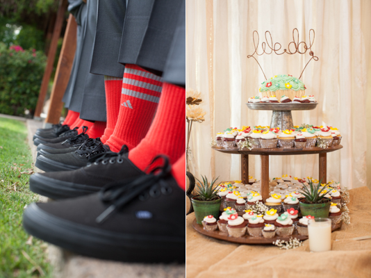 rustic chic arizona wedding at Shenandoah Mill, red groomsmen socks, wedding cupcakes