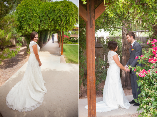 rustic chic arizona wedding bride and groom first look at Shenandoah Mill