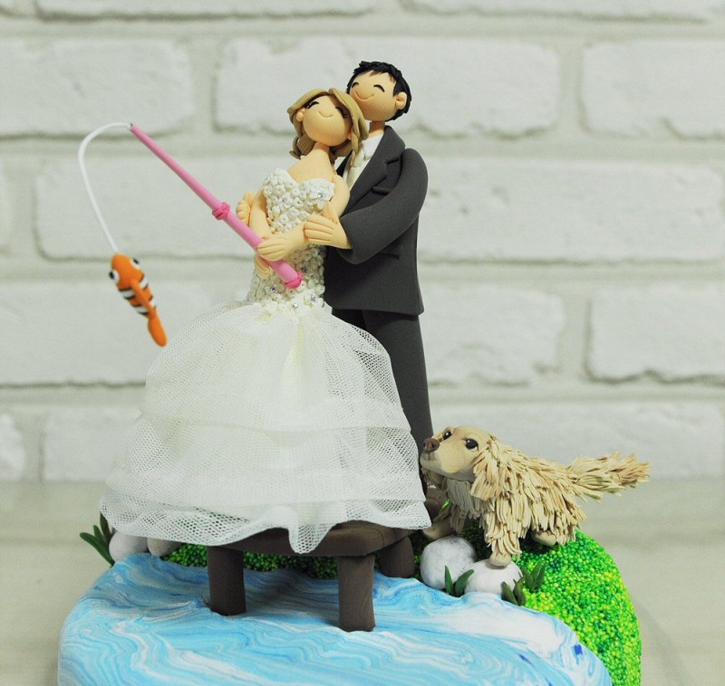 Fishing Wedding Cake Topper, Bride and Groom With Fishing Rod