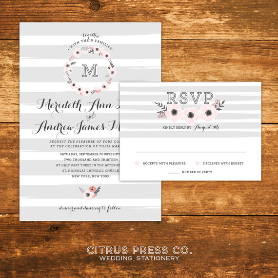 folk floral wedding invitations with wreath design