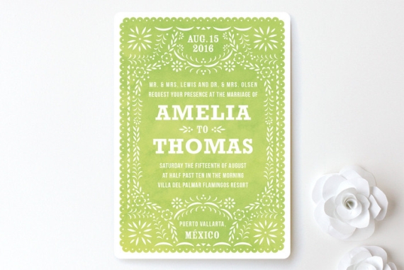 green floral folk wedding invitation