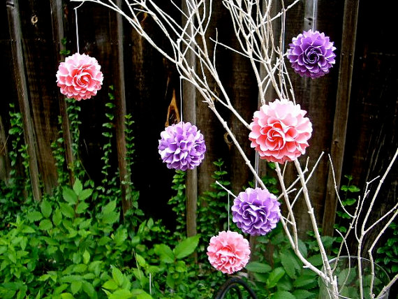 hanging paper flowers pink purple