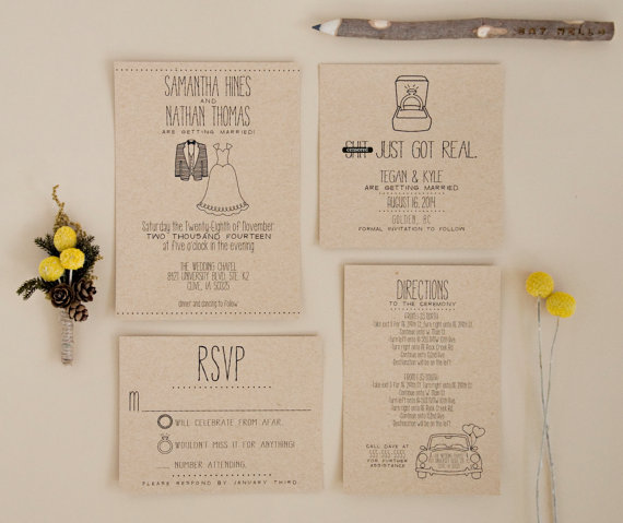 kraft and black typography wedding invitation shit just got real via 8 Whimsical Wedding Invitations