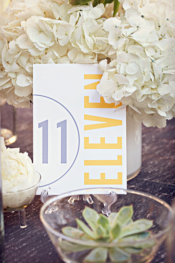 Modern Table Numbers for Weddings (photo: pure7studios, table numbers by 2BSquared via EmmalineBride.com)