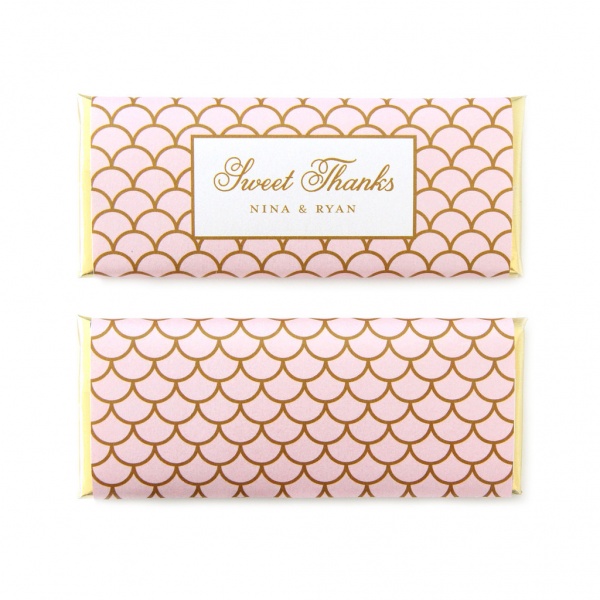 personalized candy wrappers for wedding favors | scallop blush pink gold