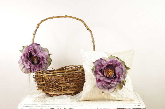 purple burlap ring pillow flower basket