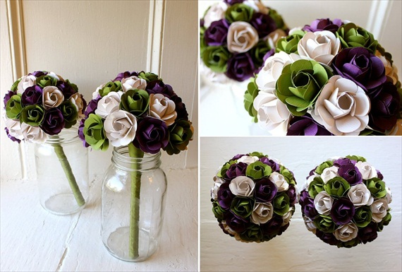purple green ivory paper wedding flowers bouquet