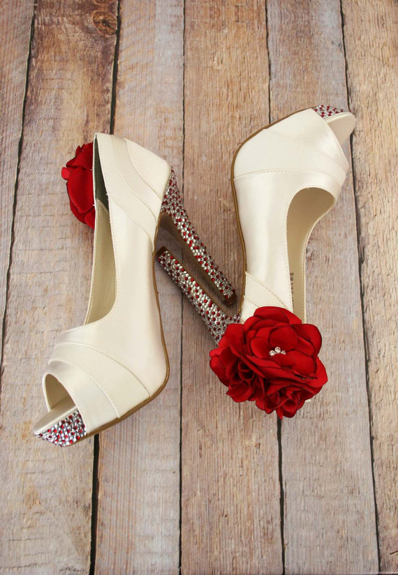 rhinestones and red heels | via 31 Best Handmade Wedding Shoes https://emmalinebride.com/bride/handmade-wedding-shoes/