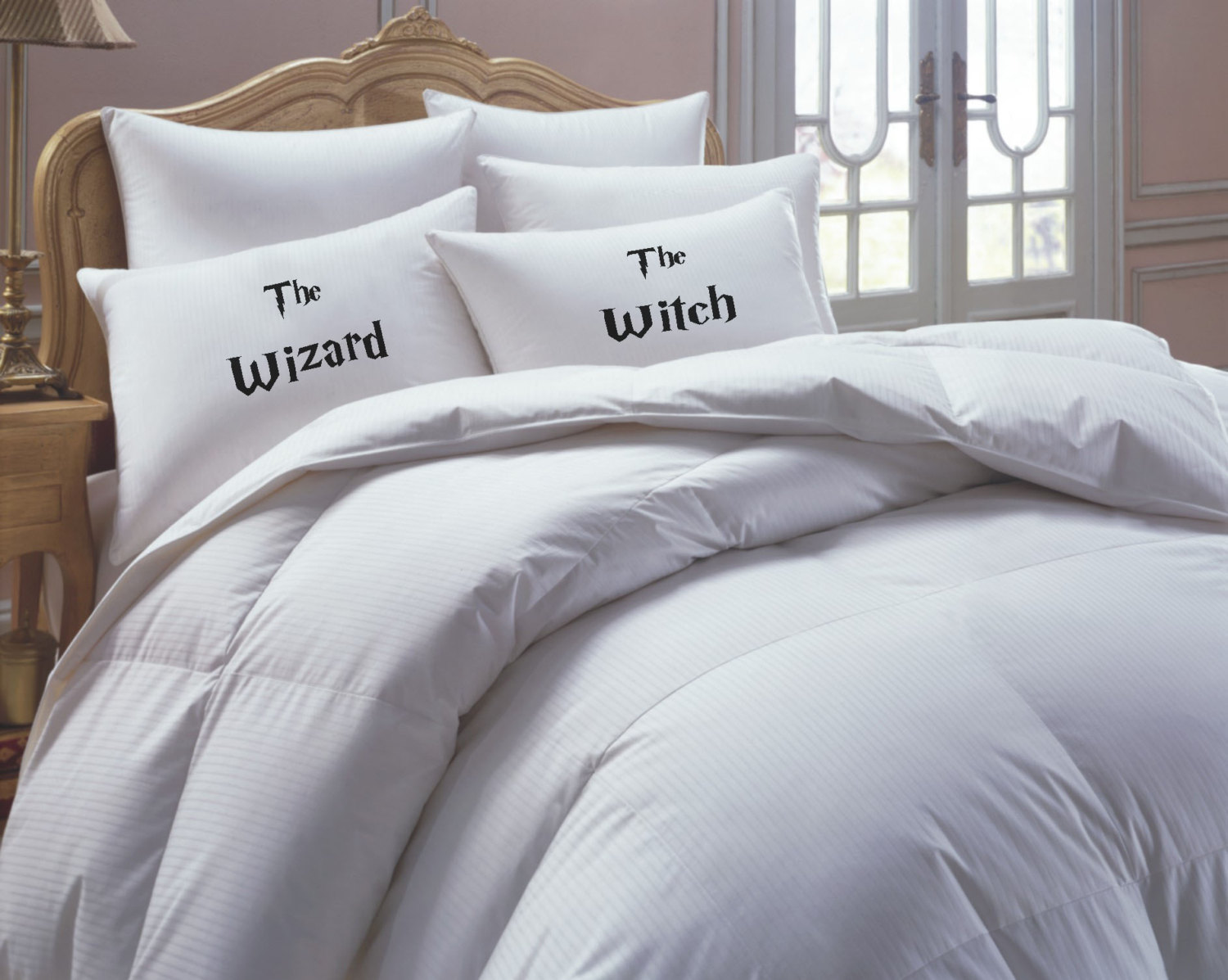 the wizard the witch harry potter pillowcases | via emmalinebride.com | 50+ Greatest Geeky Wedding Ideas of All Time