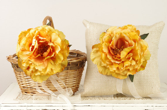 yellow peony burlap ring pillow and matching flower girl basket